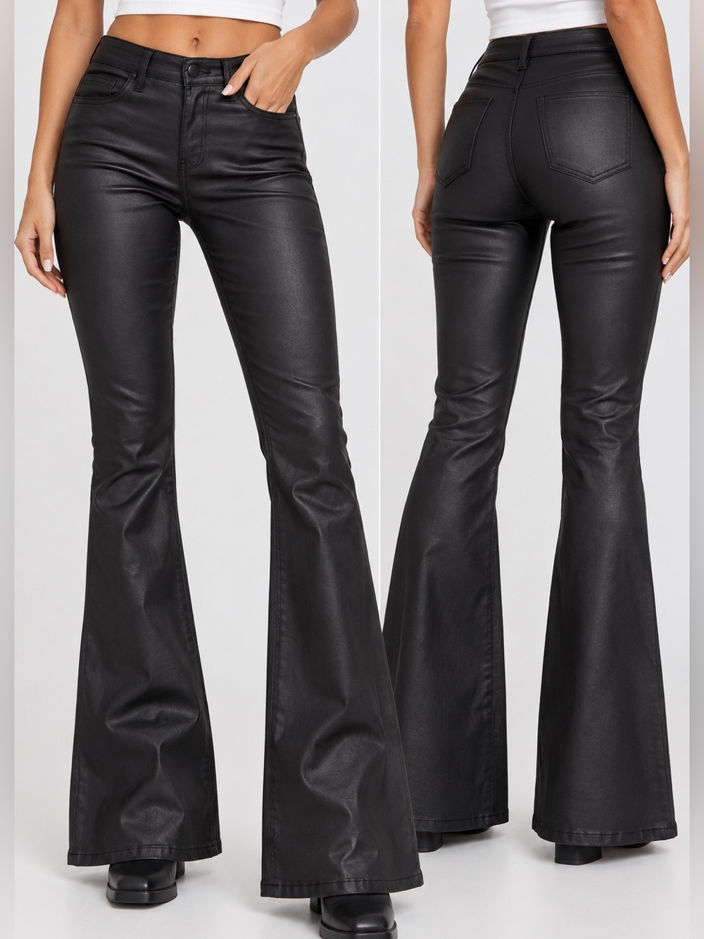 edikted Women’s Black Faux Leather Flare Pants M Slim Fit Mid Rise Pockets